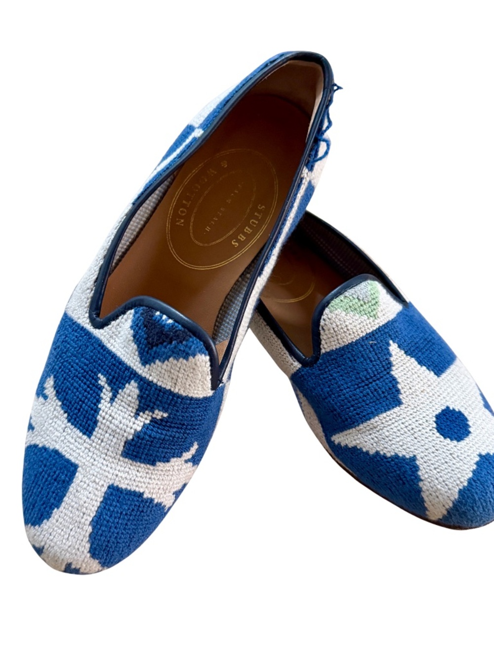 Stubbs & Wootton Needlepoint Slippers Loafers Blue White Women’s 7.5 Palm Beach